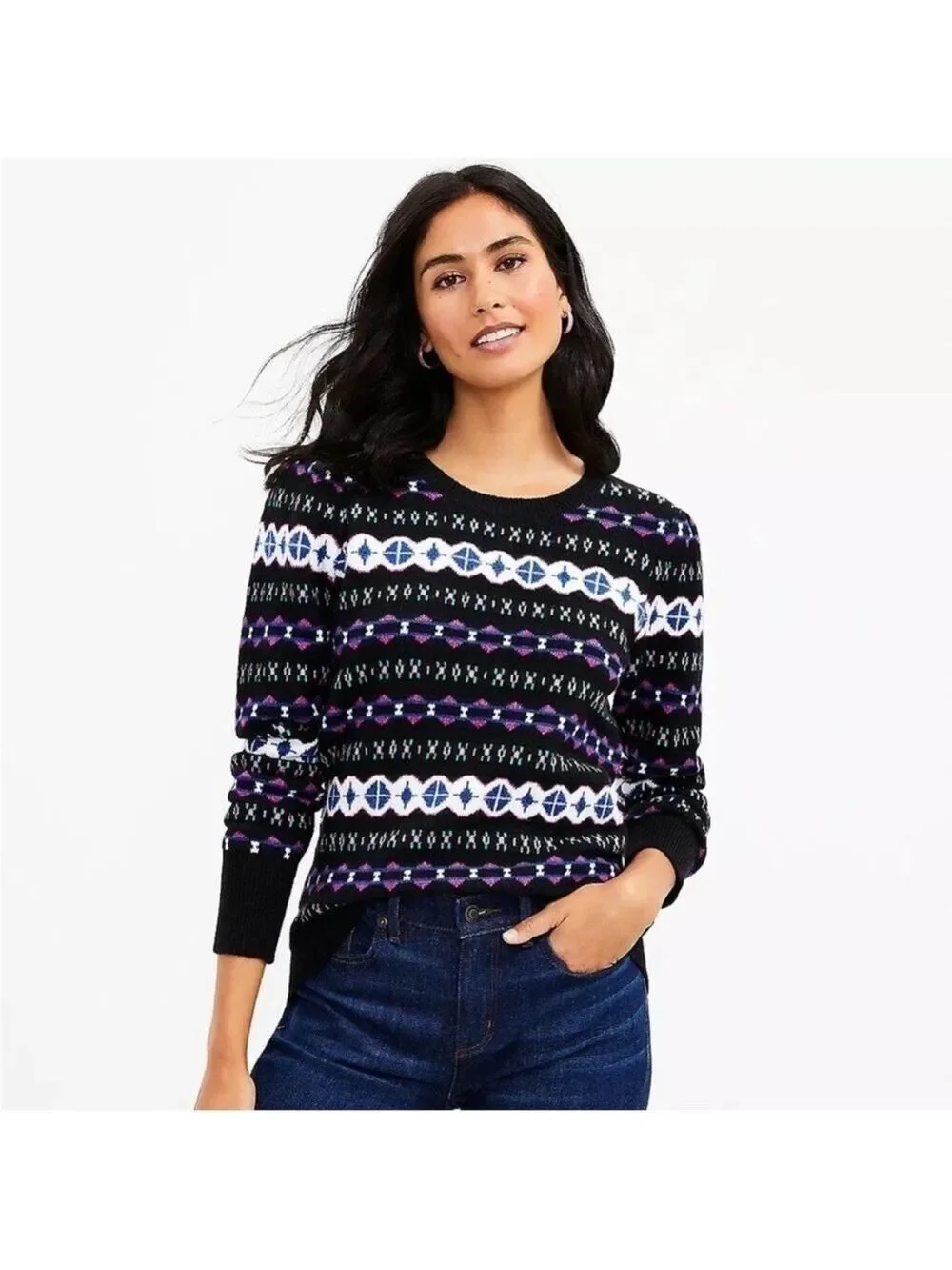 LOFT Holidays Christmas Sweater Long Sleeve Black Multi Color Size XS